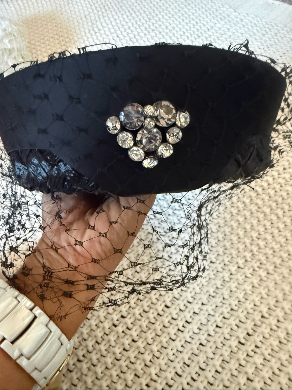 Vintage Black Pillbox Cocktail Hat Birdcage Veil Rhinestone
